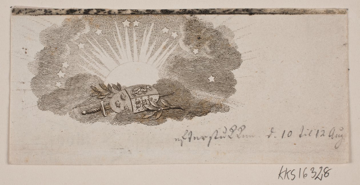 Vignette avec les armoiries des trois royaumes nordiques dans les nuages devant le soleil - Gerhard Ludvig Lahde