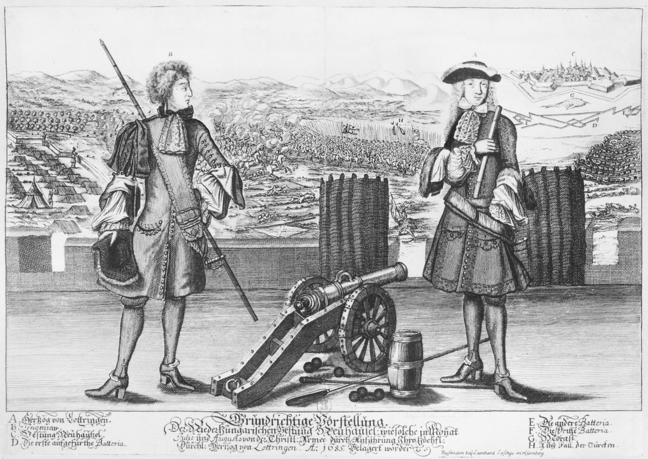 Charles V, duc de Lorraine et de Bar, avec un ingénieur, à la bataille de Neuhausel contre les Turcs en juillet et août 1685 - German School