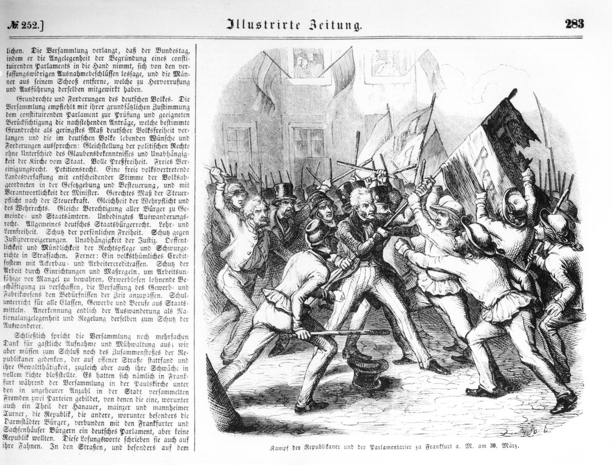Combat entre les Républicains et les membres du Parlement à Francfort-sur-le-Main le 30 mars 1848, illustration de 
