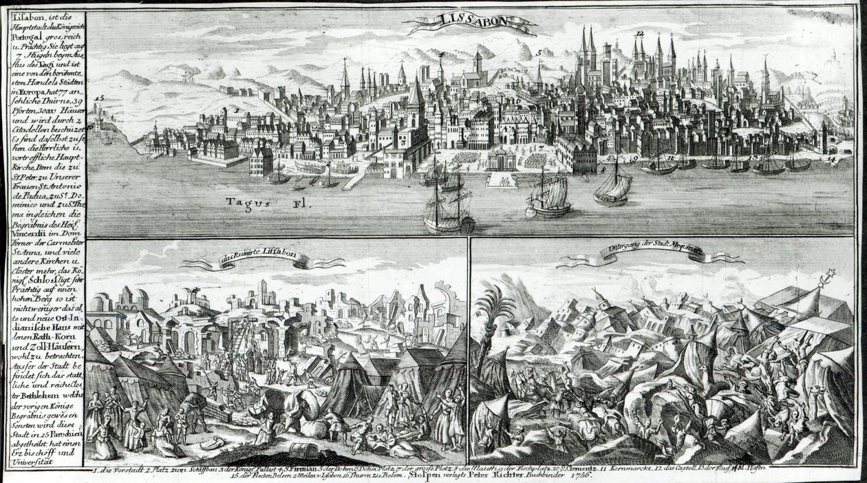 La ville de Lisbonne avant, pendant et après le tremblement de terre de 1755 - German School