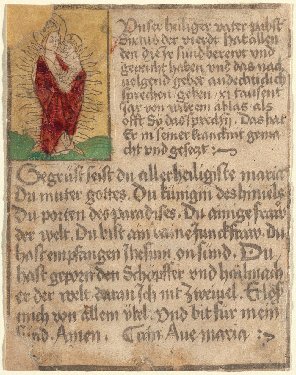 Madone et Enfant dans une Gloire avec une Indulgence et une Prière - German 15th Century