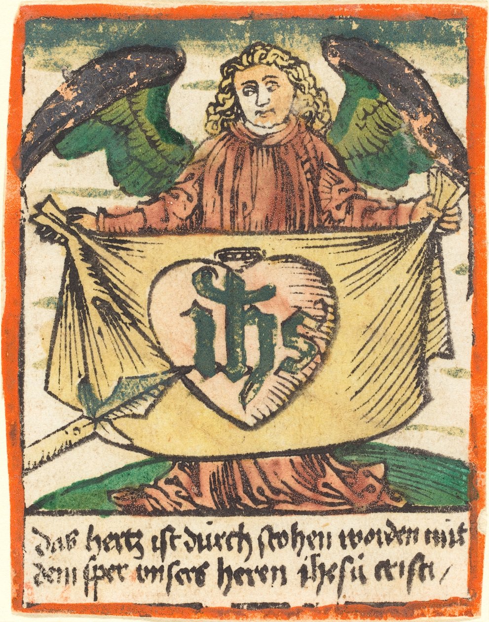 Monogramme Sacré dans un Sacré-Cœur sur un Tissu Tenu par un Ange - German 15th Century