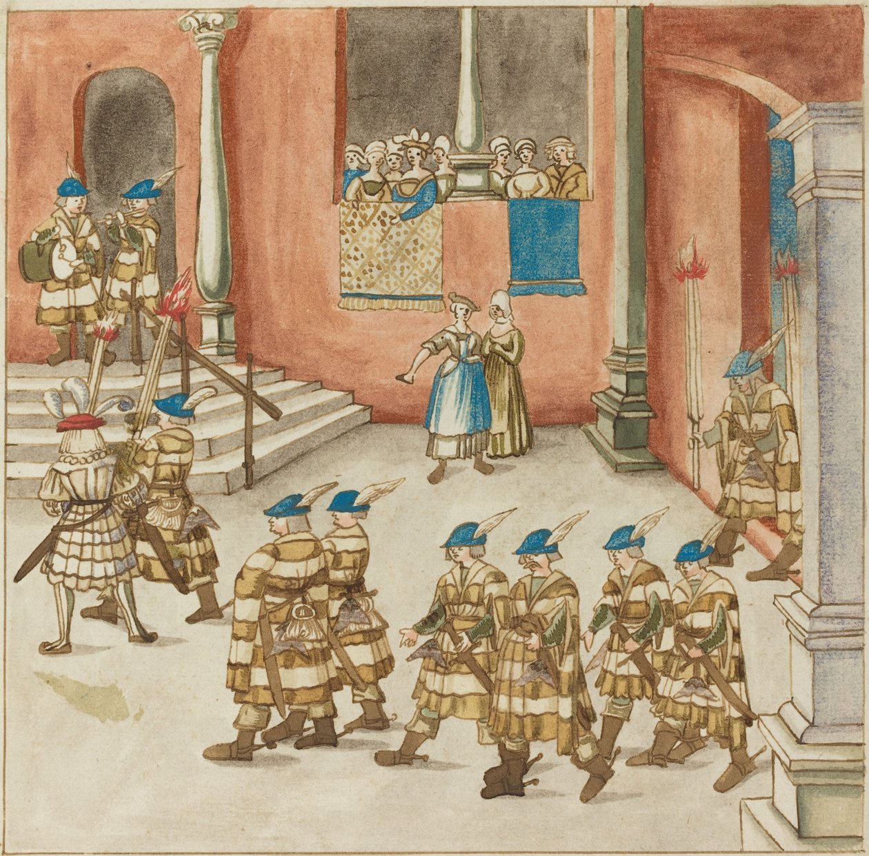 Procession de chevaliers vue par des dames sur un balcon - German 16th Century