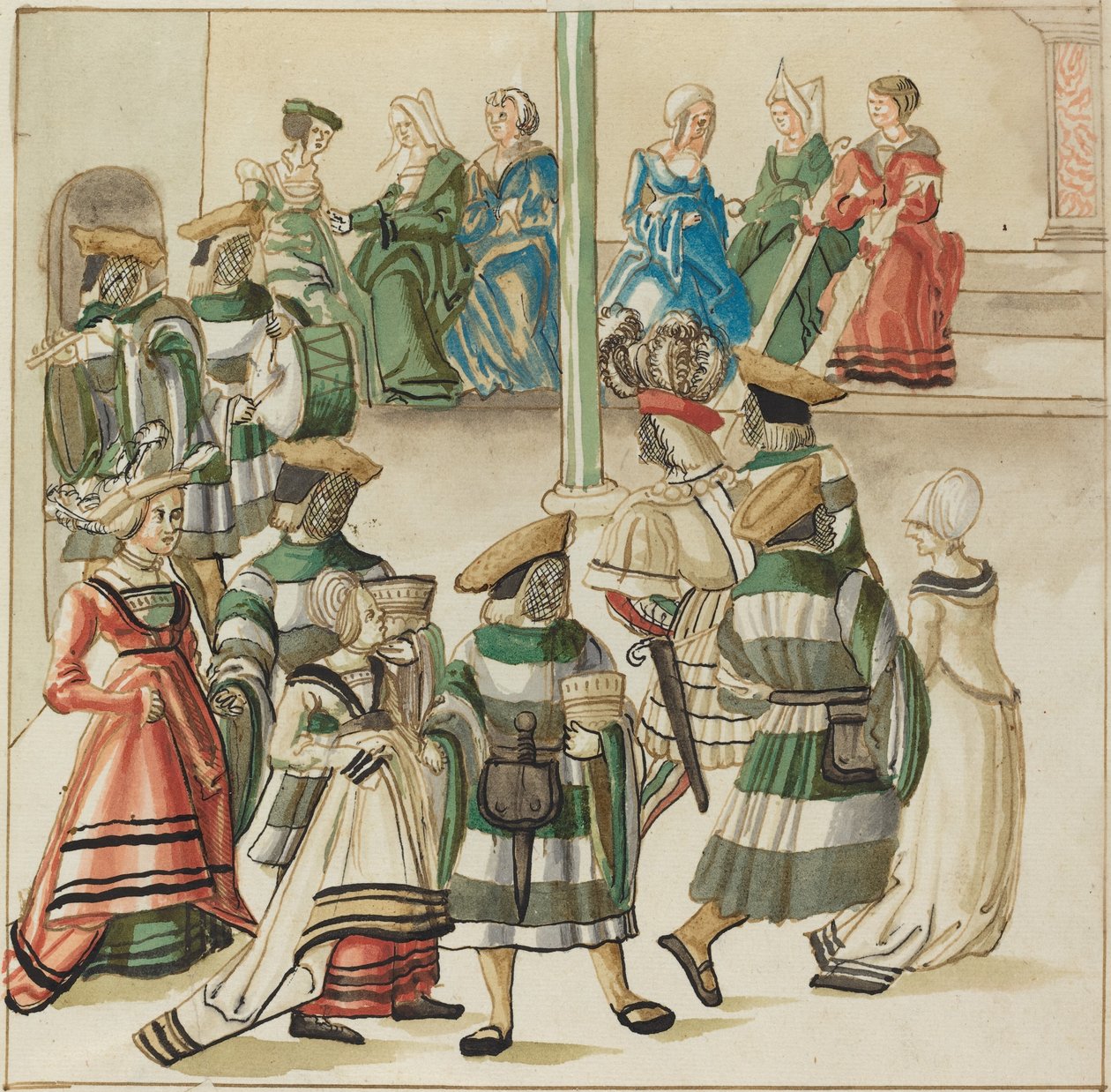 Trois couples dansant menés par deux chevaliers dans une salle avec colonne - German 16th Century