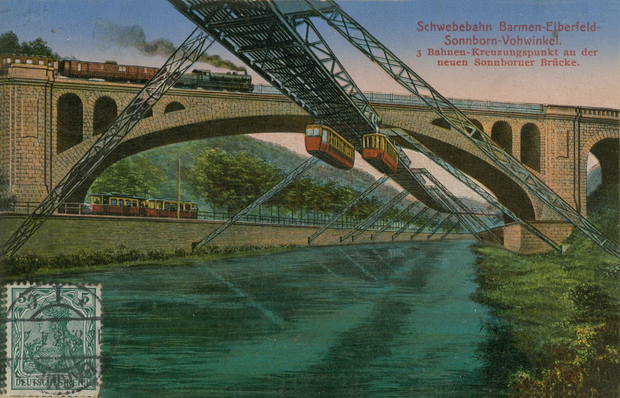 Chemin de fer suspendu Barmen-Elberfeld-Sonnborn-Vohwinkel et le nouveau pont de Sonnborn, Allemagne. Carte postale envoyée en 1913. - German Photographer
