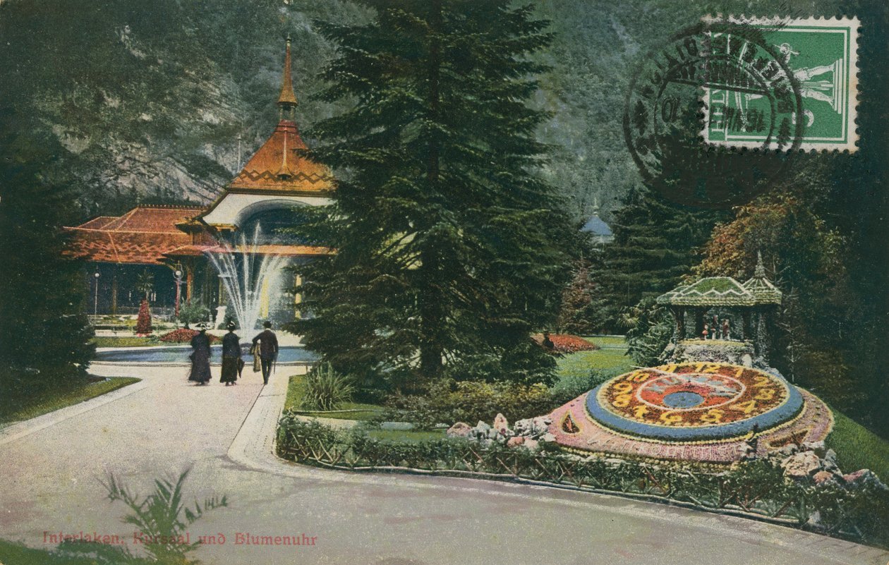 Interlaken, Kursaal et horloge fleurie. Carte postale envoyée le 16 août 1913. - German Photographer