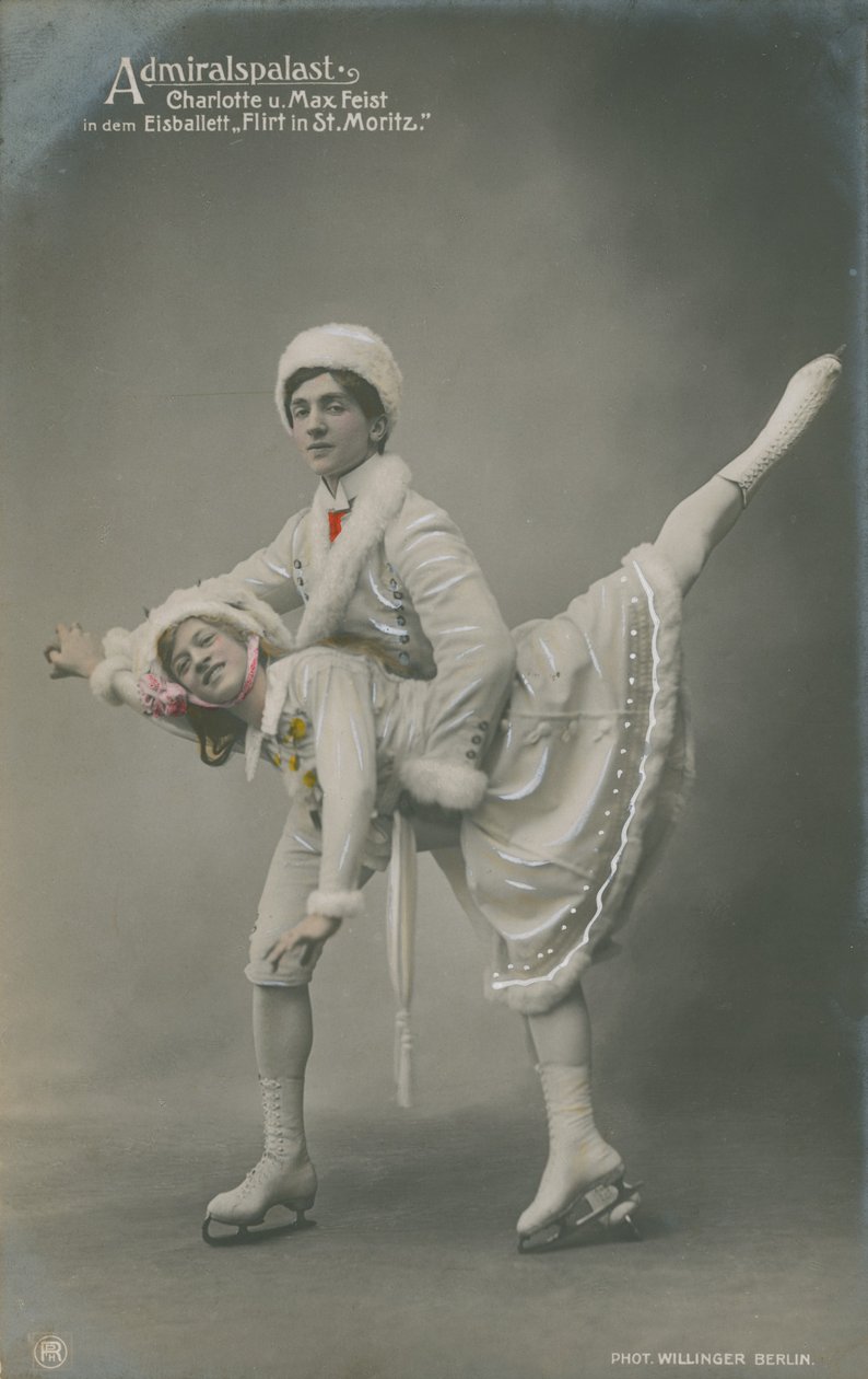 Carte postale de patineurs, envoyée en 1913 (photo coloriée à la main) - German Photographer