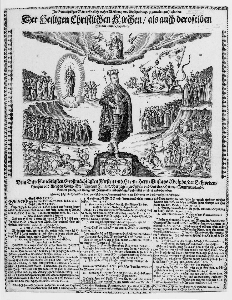 Une feuille allemande représentant Gustave-Adolphe comme le champion de la cause protestante - German School