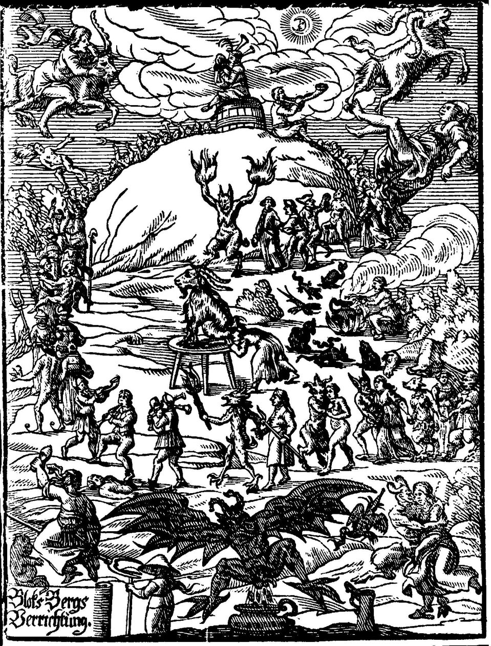 Cérémonie du sabbat, une chèvre représentant le diable est au centre, entourée de sorcières et de démons. Gravure allemande du 16ème siècle - German School