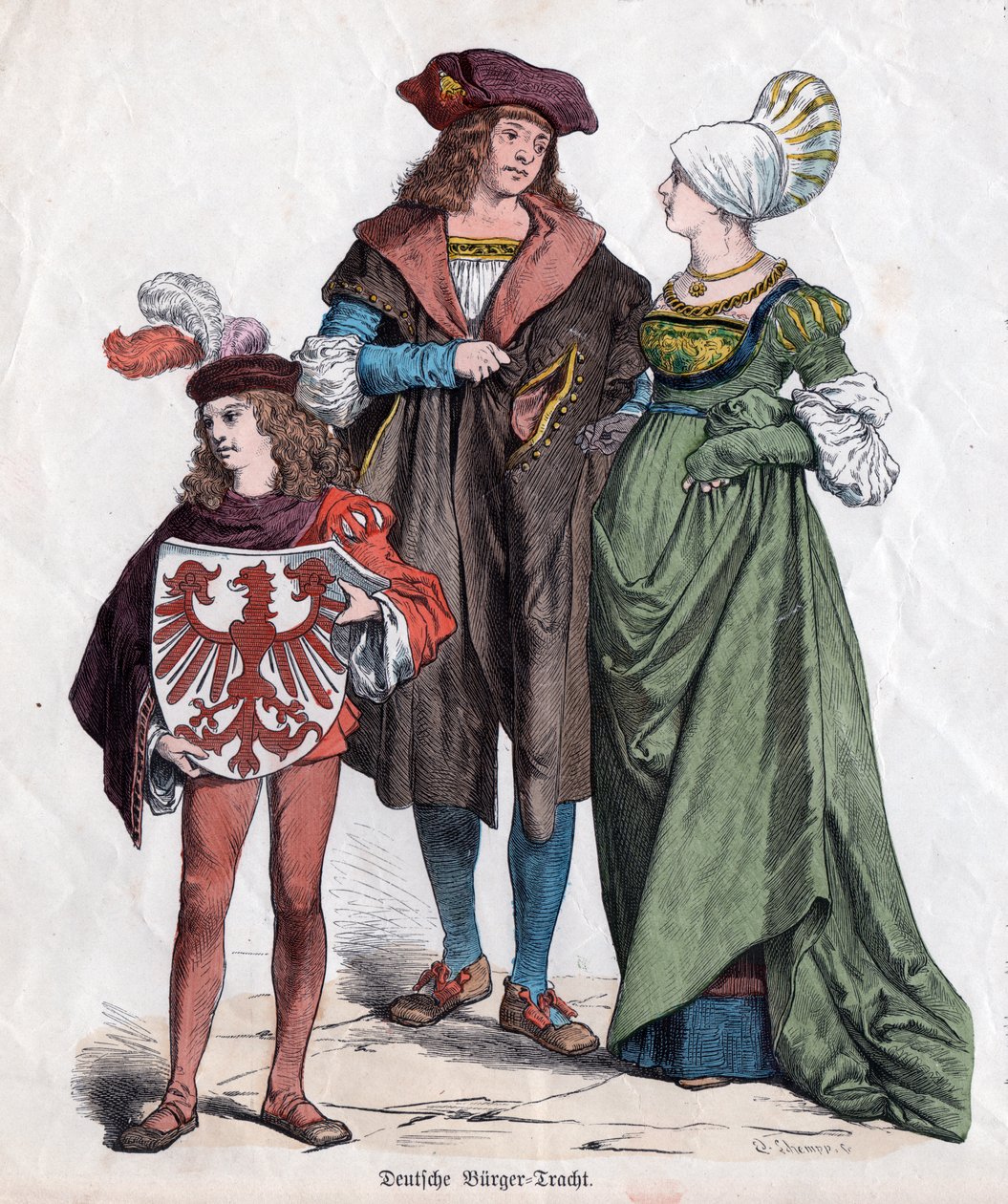 Une famille bourgeoise. Costumes allemands du XVIe siècle du "Munchener Bilderbogen", Allemagne, vers 1880 - German School