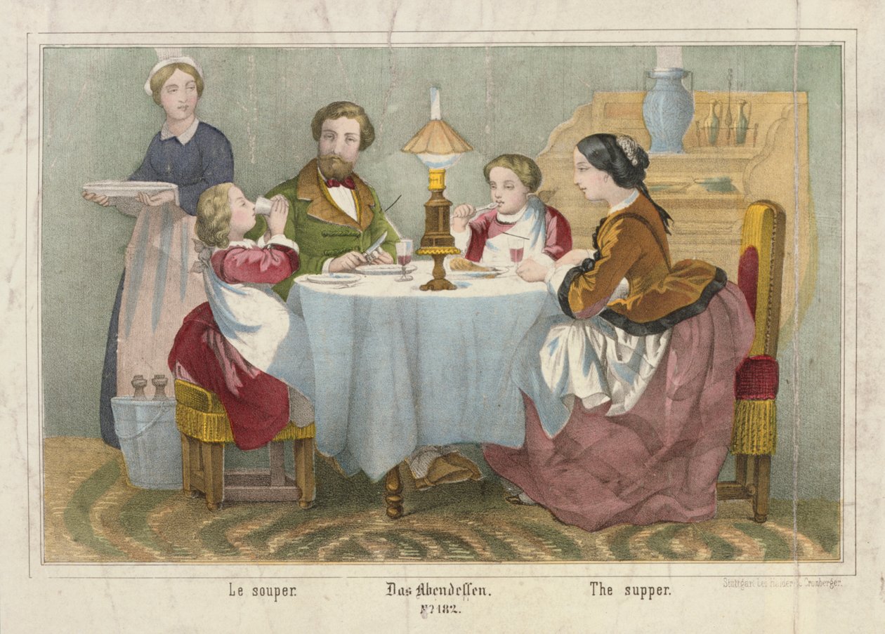 Une famille à son repas du soir, feuille illustrée publiée par Haider & Cronberger, Stuttgart, 1860 - German School