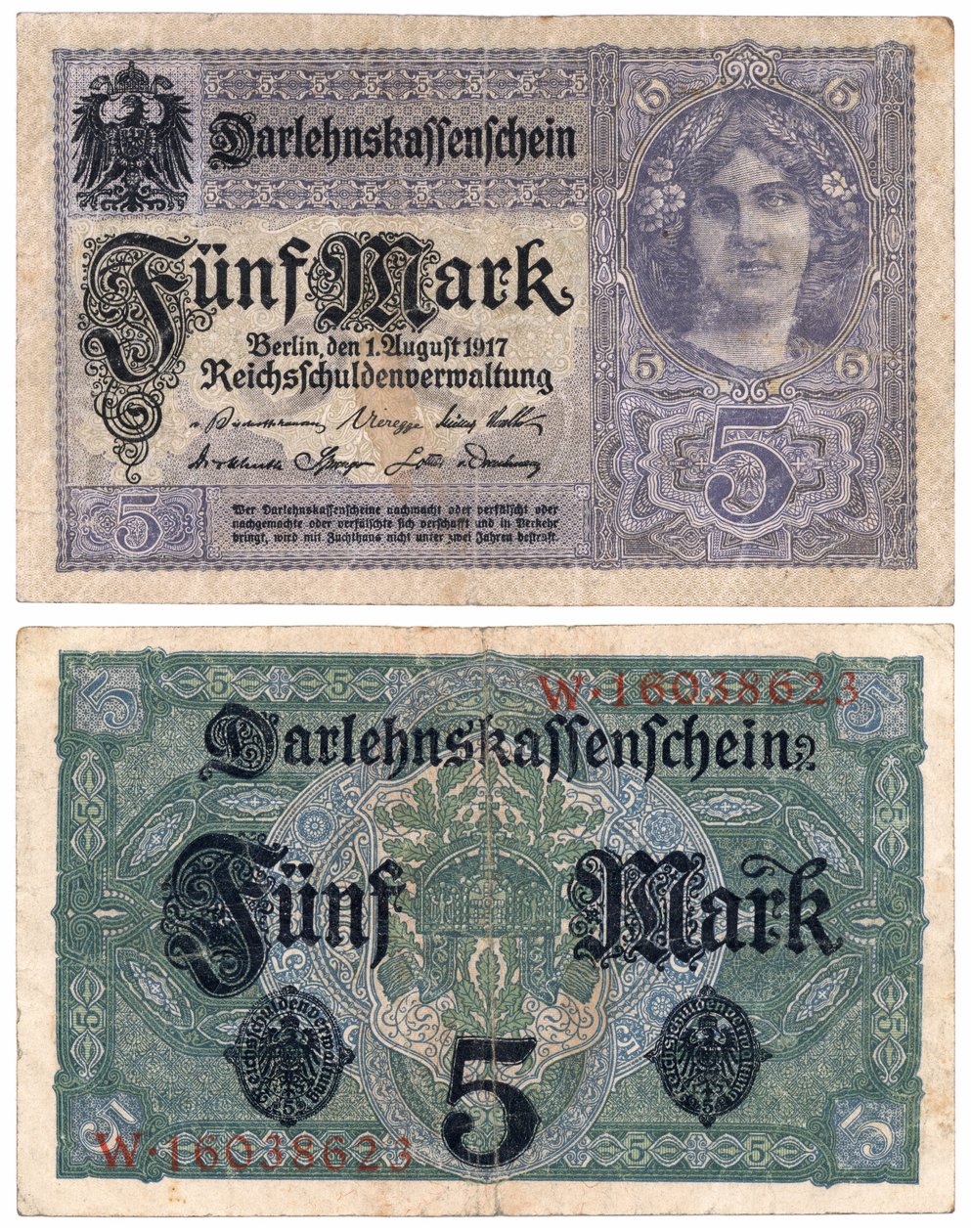 Un billet de cinq marks, 1917 (recto et verso) - German School
