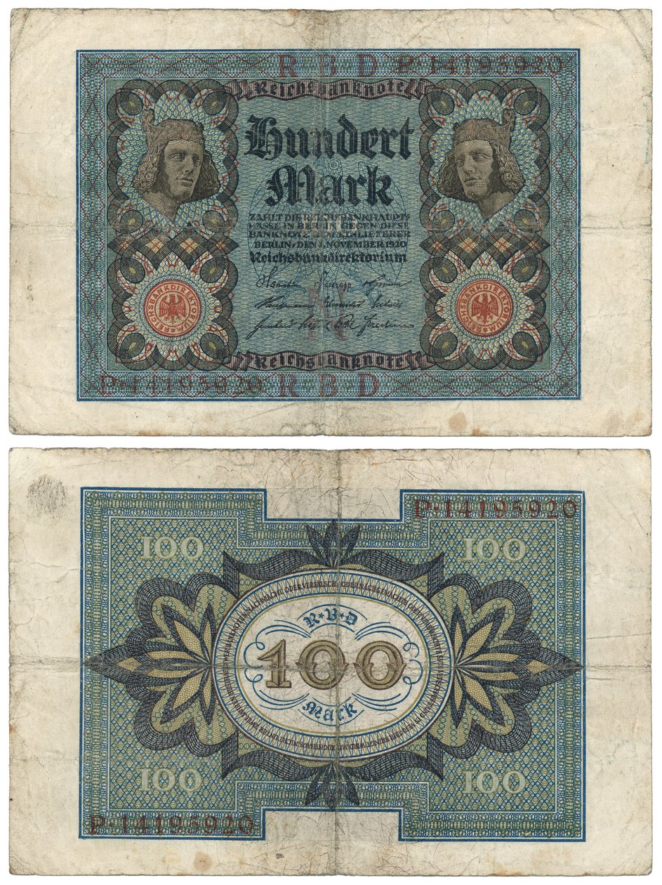 Un billet de cent marks, 1920 (recto et verso) - German School