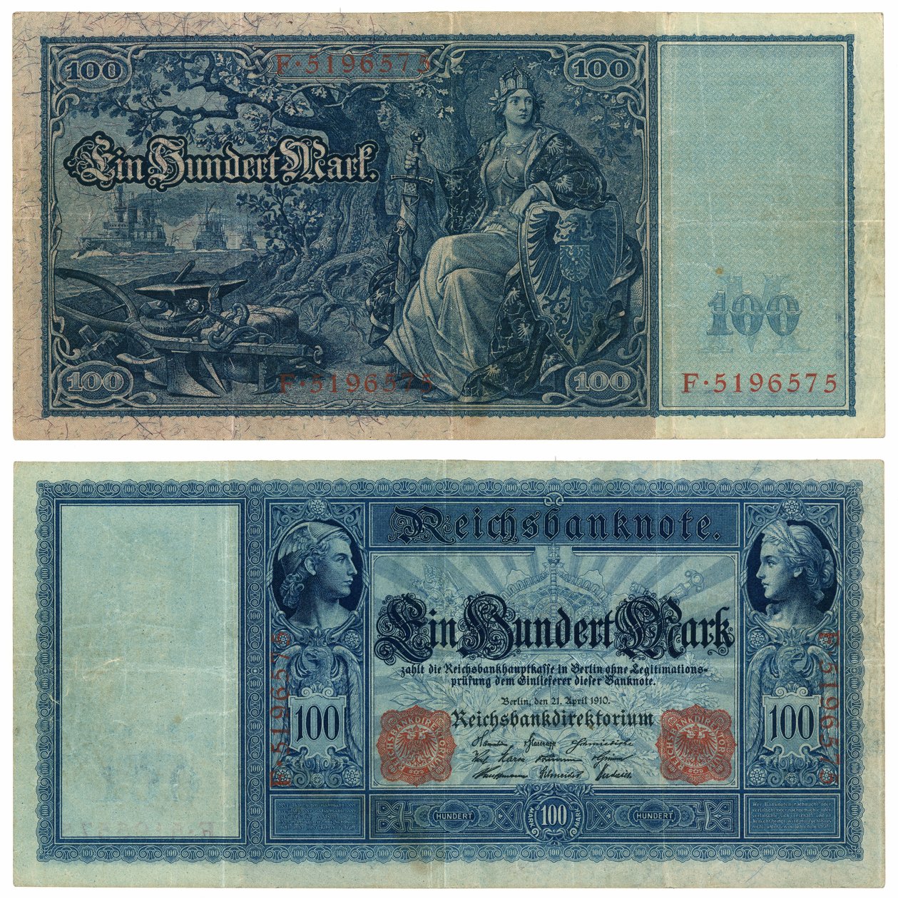 Un billet de cent marks, 1910 (recto et verso) - German School