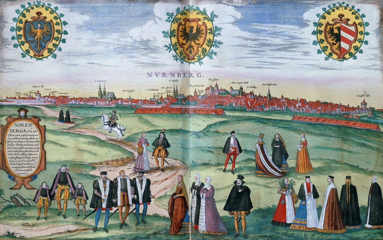 Vue panoramique de Nuremberg, avec des personnages en costume local au premier plan, vers 1575 - German School