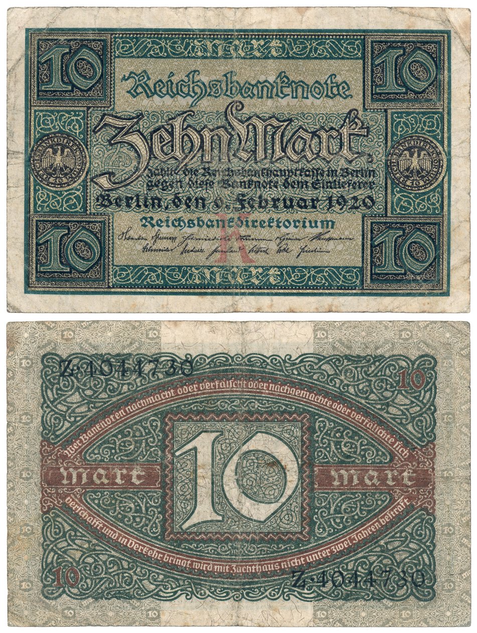Un billet de dix marks, 1920 (recto et verso) - German School