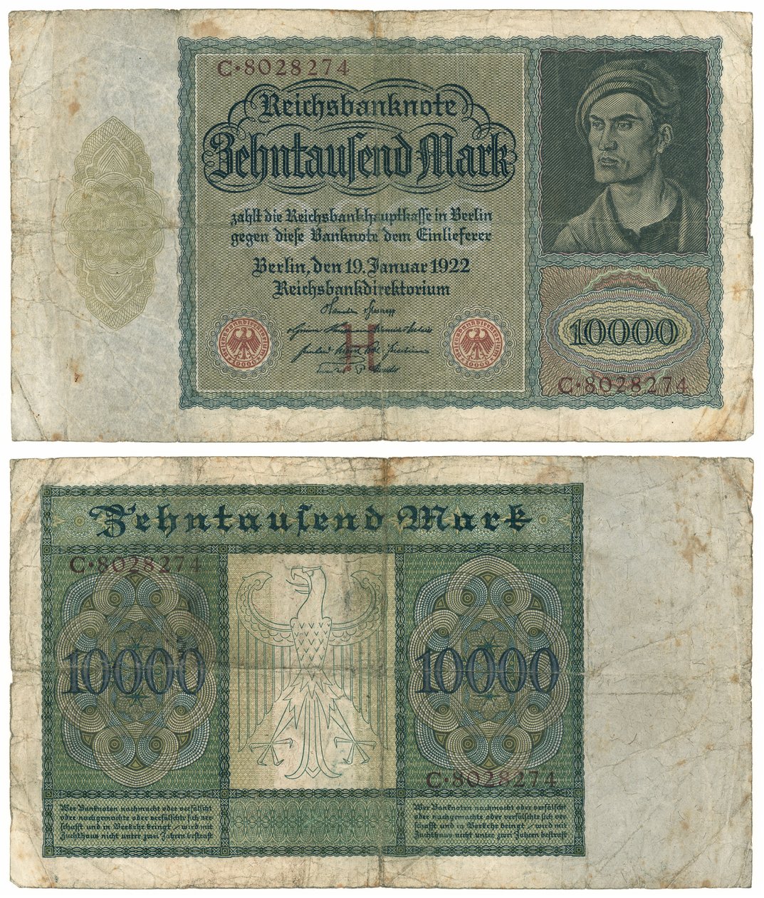 Un billet de dix mille marks, 1922 (recto et verso) - German School