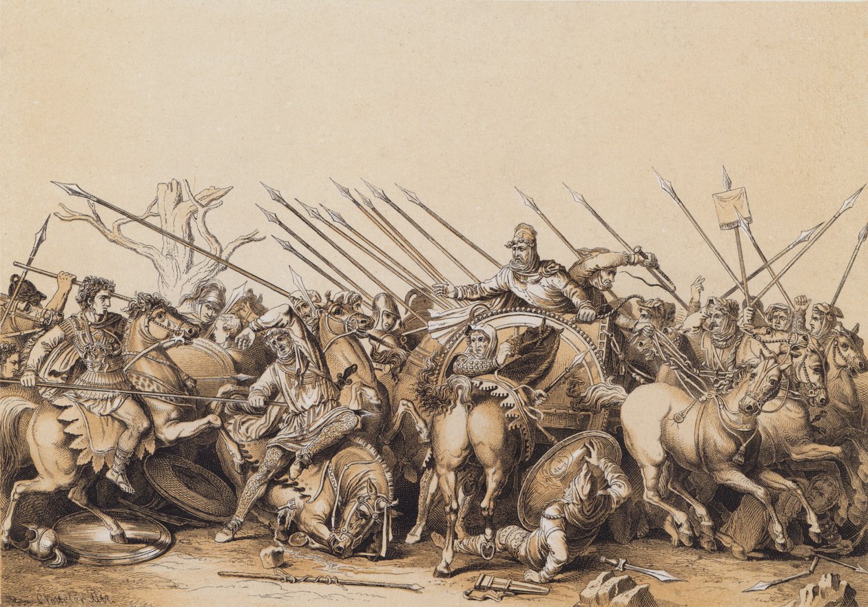 Alexandre le Grand et son armée au combat (lithographie couleur) - German School