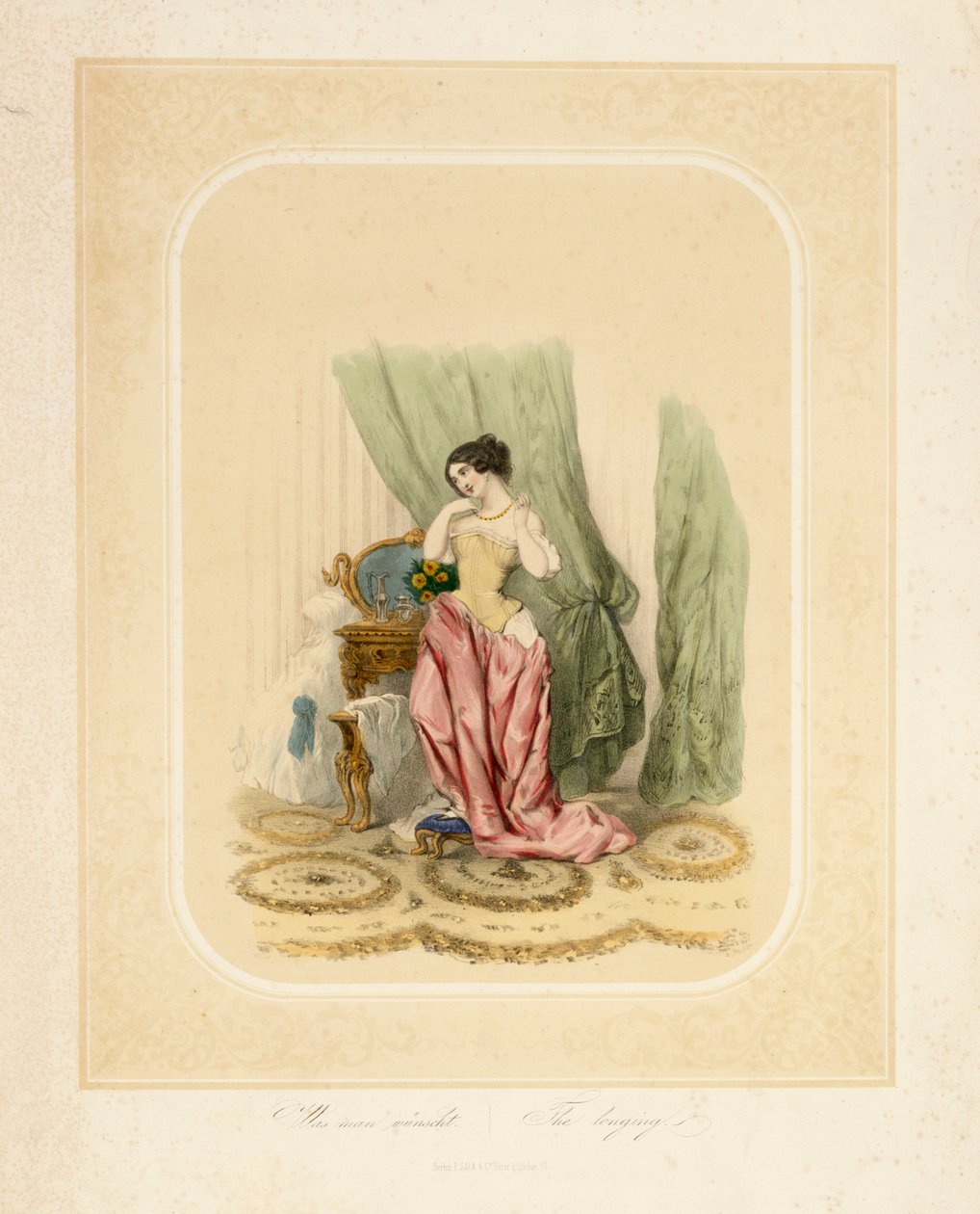 Une dame élégante à sa coiffeuse, imprimée par F. Sala & Co, Berlin, vers 1850 - German School