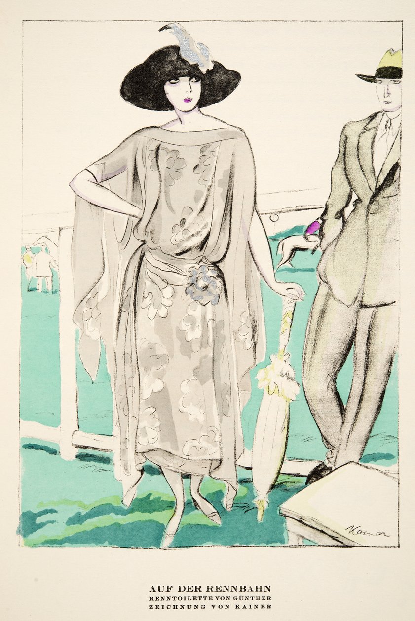 "Auf der Rennbahn", publicité pour les tenues de course de Gunther, tirée de Styl, pub.1922 (impression sur pochoir) - German School