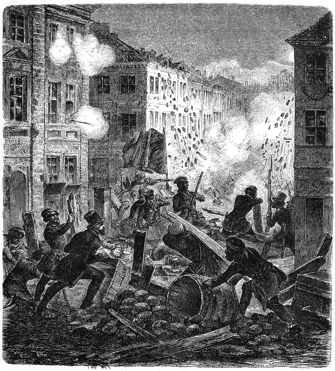 Barricades à Berlin pendant la révolution allemande de 1848 - German School