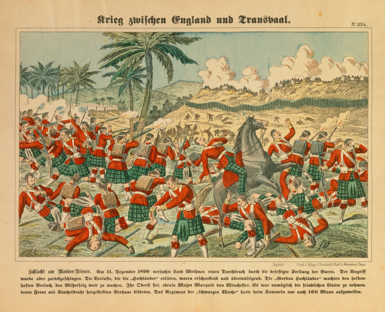 Bataille de la rivière Modder pendant la guerre des Boers, 11 décembre 1899, feuille publiée par C. Burckhardt, Weissenburg, 1899 - German School