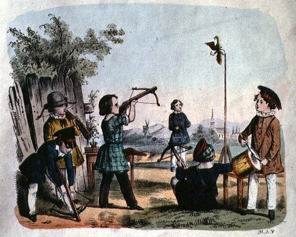 Enfants tirant sur une cible avec une arquebuse, vers 1860 - German School