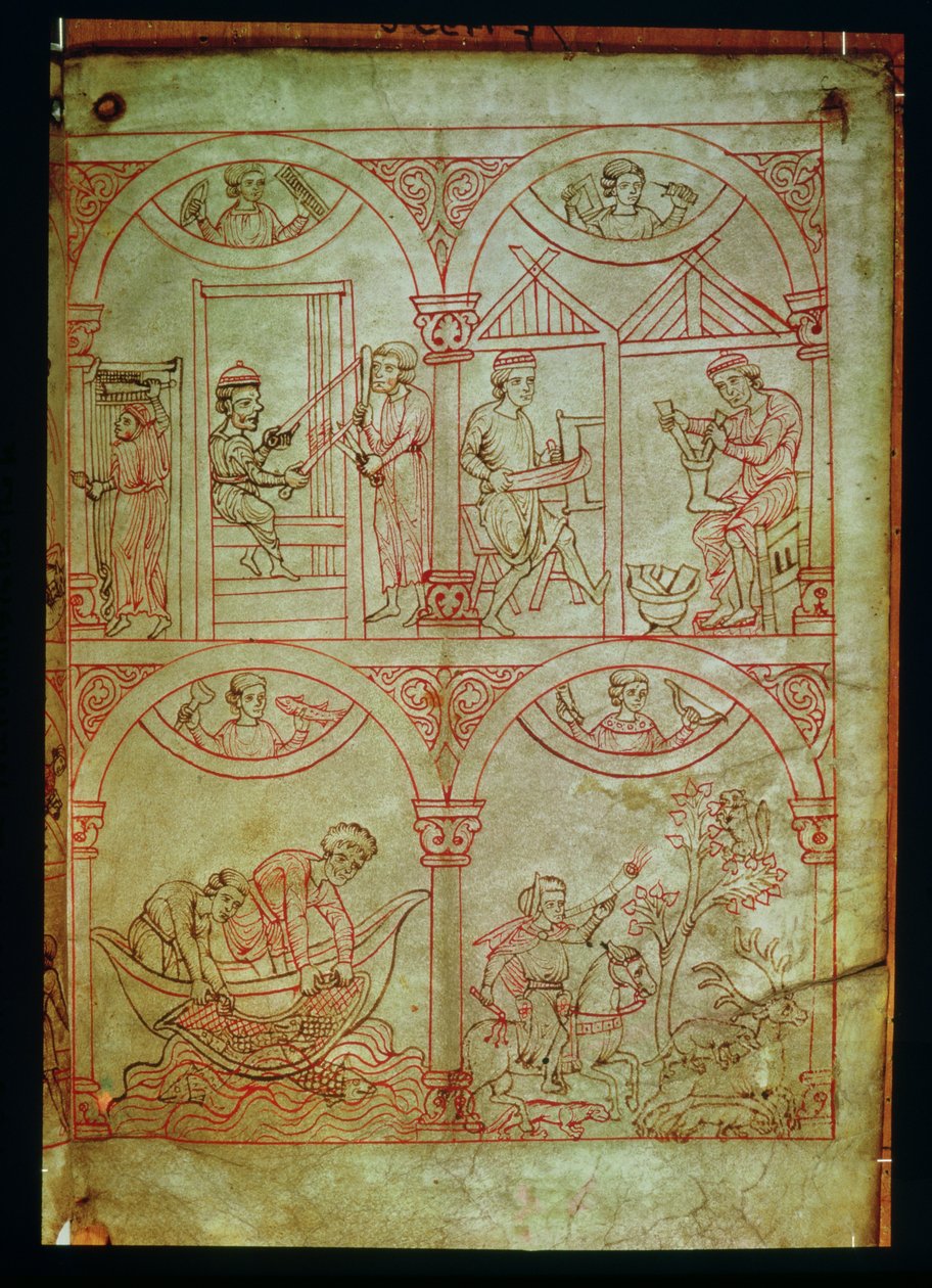 Codex 507 fol.2r Tisserand, cordonnier, pêcheurs et chasseur, du Renner Musterbuch, vers 1208-18 - German School