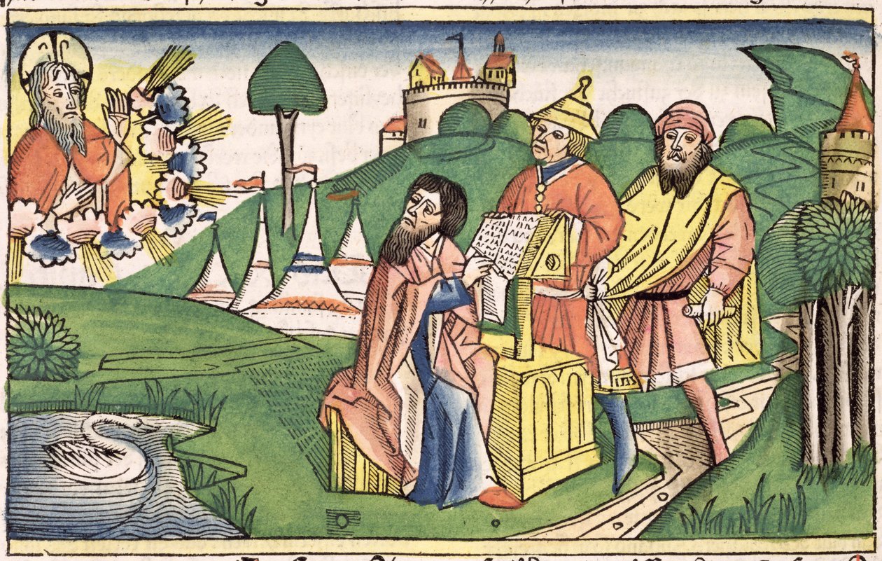 Deutéronome : Frontispice où Dieu fait les Lois, de la Bible de Nuremberg (Biblia Sacra Germanaica) - German School