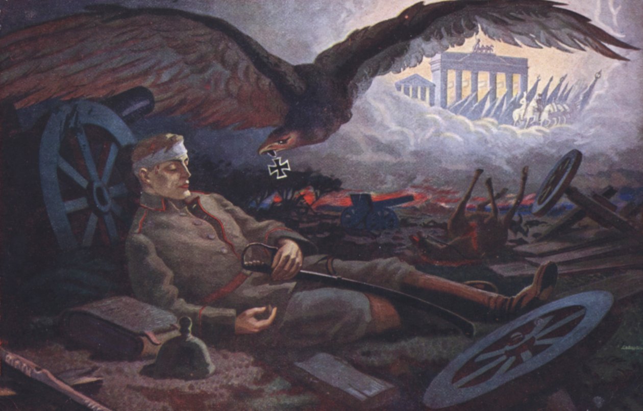 Aigle remettant la Croix de fer à un soldat allemand tombé sur le champ de bataille (lithographie couleur) - German School