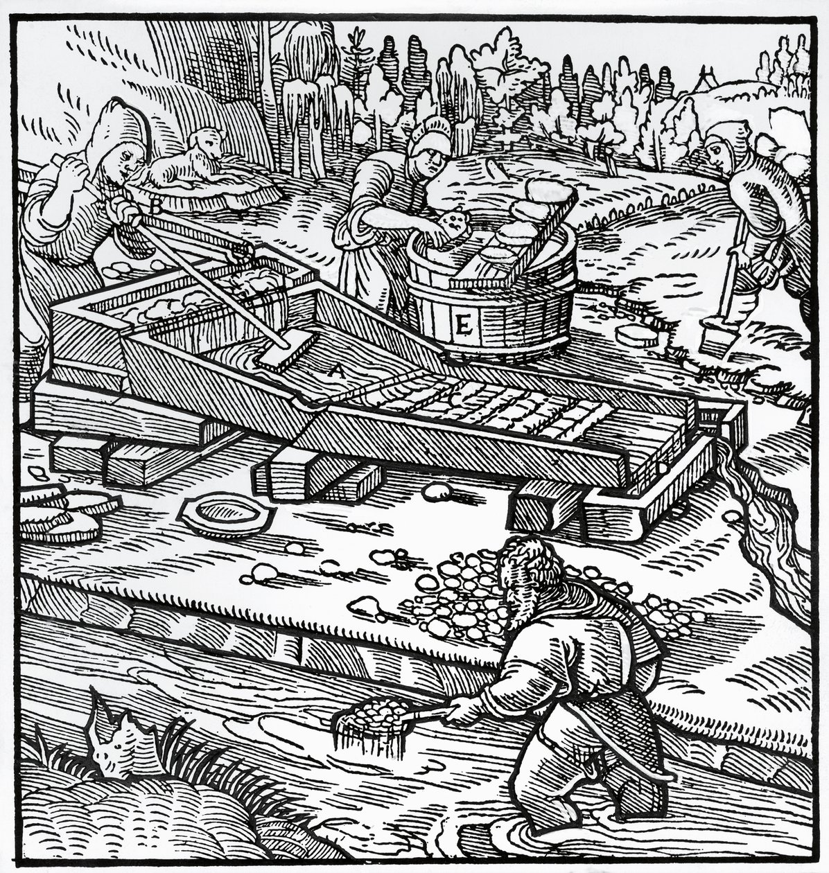 Gravure de De re metallica (Sur la nature des métaux), par Georg Pawer ou Georgius Agricola (1494-1555) - German School