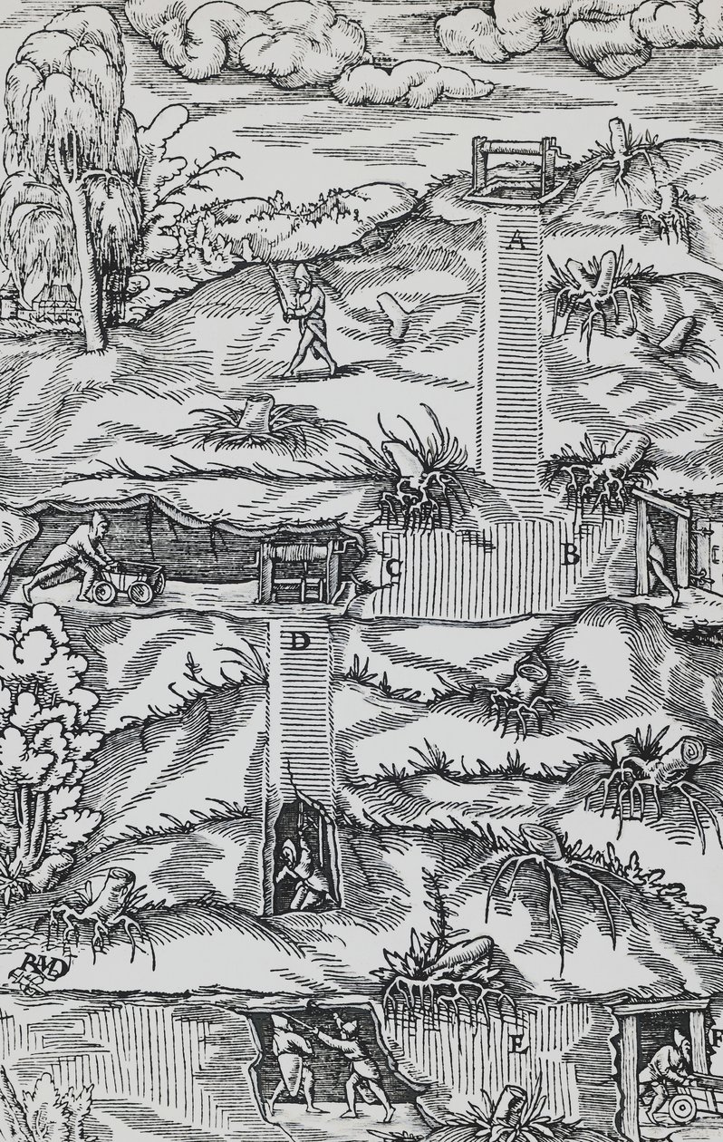 Gravure de De re metallica (Sur la nature des métaux), par Georg Pawer ou Georgius Agricola (1494-1555), publiée à Bâle - German School