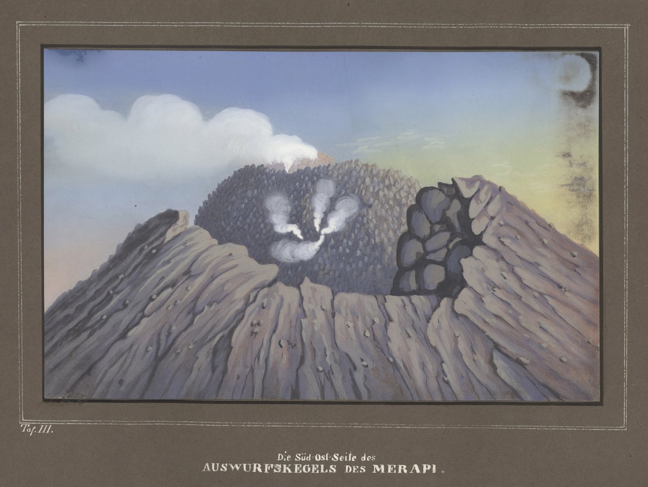 Éruption du mont Merapi, Pl.III, Topographischer und Naturwissenschaftlicher Atlas zur Reise durch Java, par Dr.Fr.Junghuhn, Magdebourg 1845 - German School