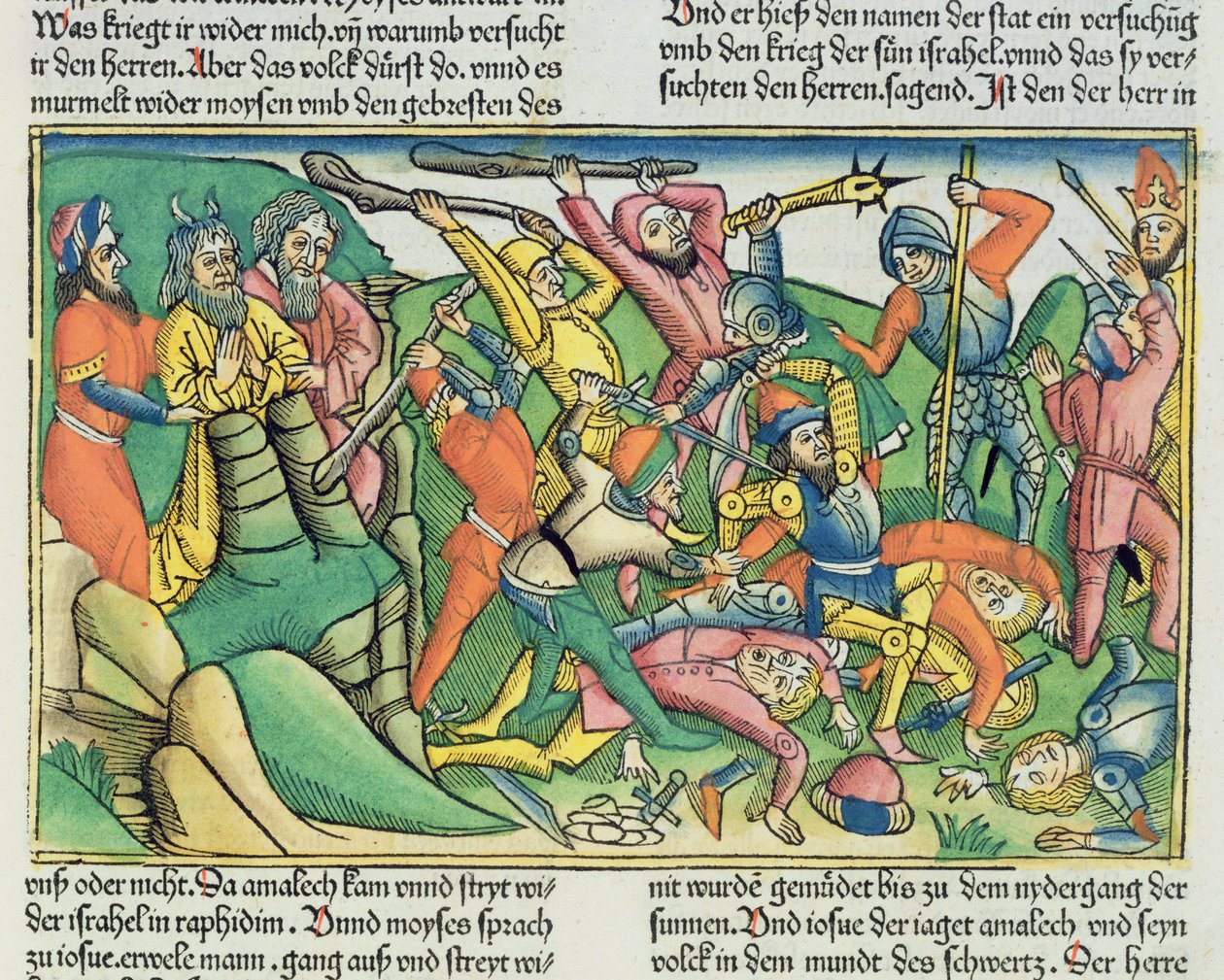 Exode 17:8-15 Aaron et Hur soutiennent les mains de Moïse pour assurer la victoire des Israélites sur les Amalécites, de la Bible de Nuremberg (Biblia Sacra Germanaica) - German School