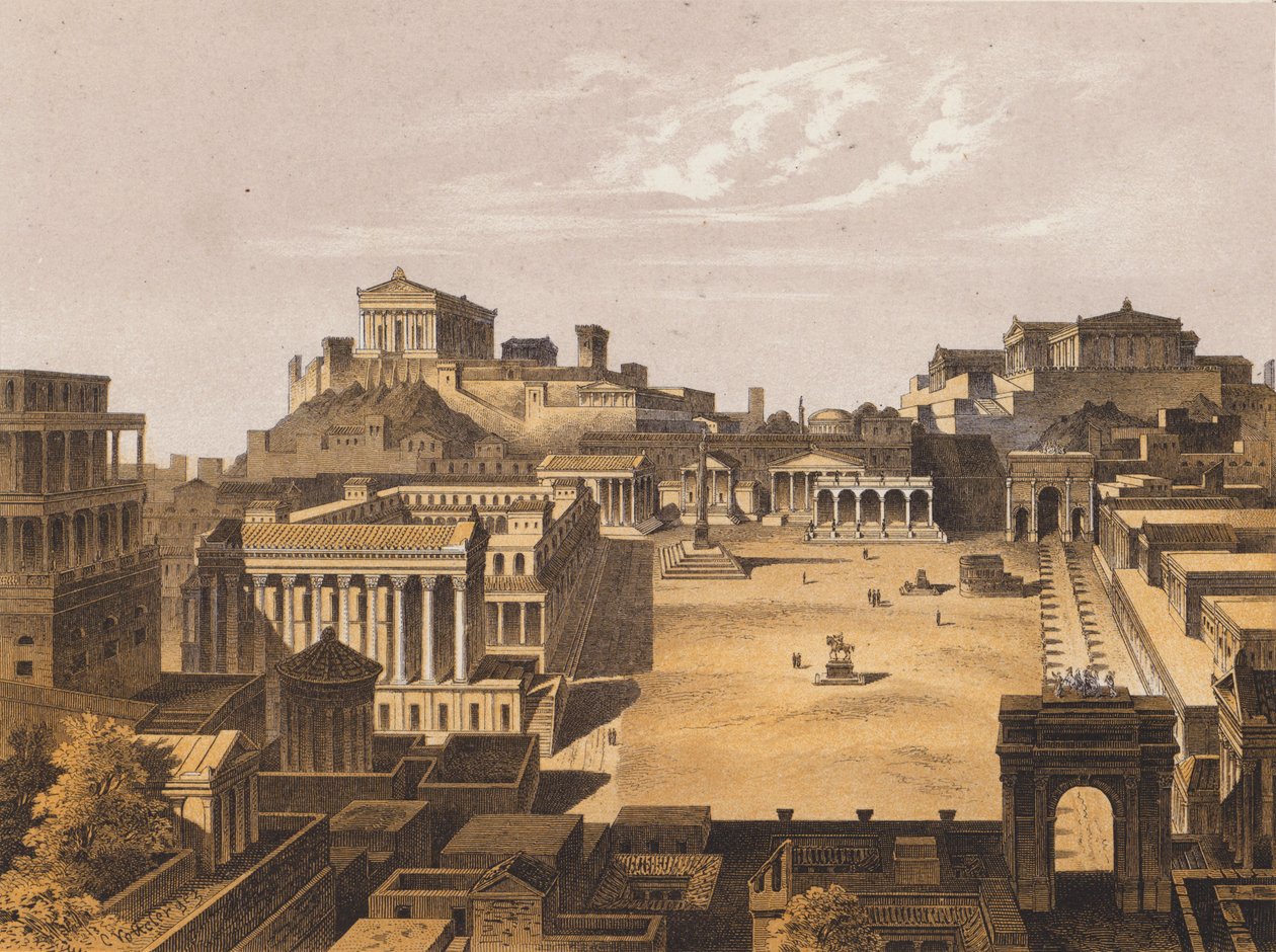 Forum, Rome antique (lithographie couleur) - German School
