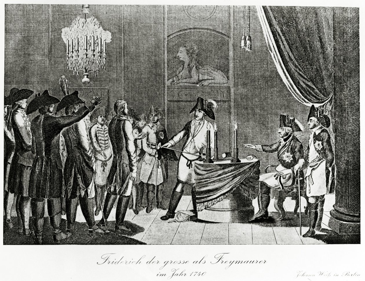 Frédéric le Grand reçoit son beau-frère, Frédéric, margrave de Brandebourg-Bayreuth, en tant que franc-maçon à Berlin en 1740 - German School