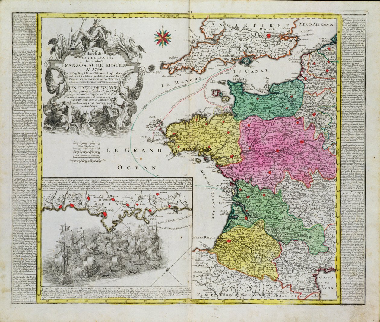 Carte allemande montrant les attaques navales anglaises sur les ports français en 1758 - German School
