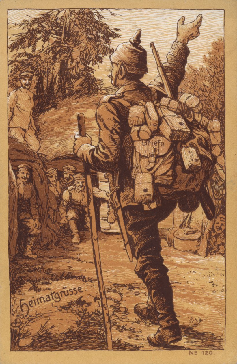 Soldat allemand portant du courrier et recevant un accueil chaleureux à son retour dans son unité (litho) - German School