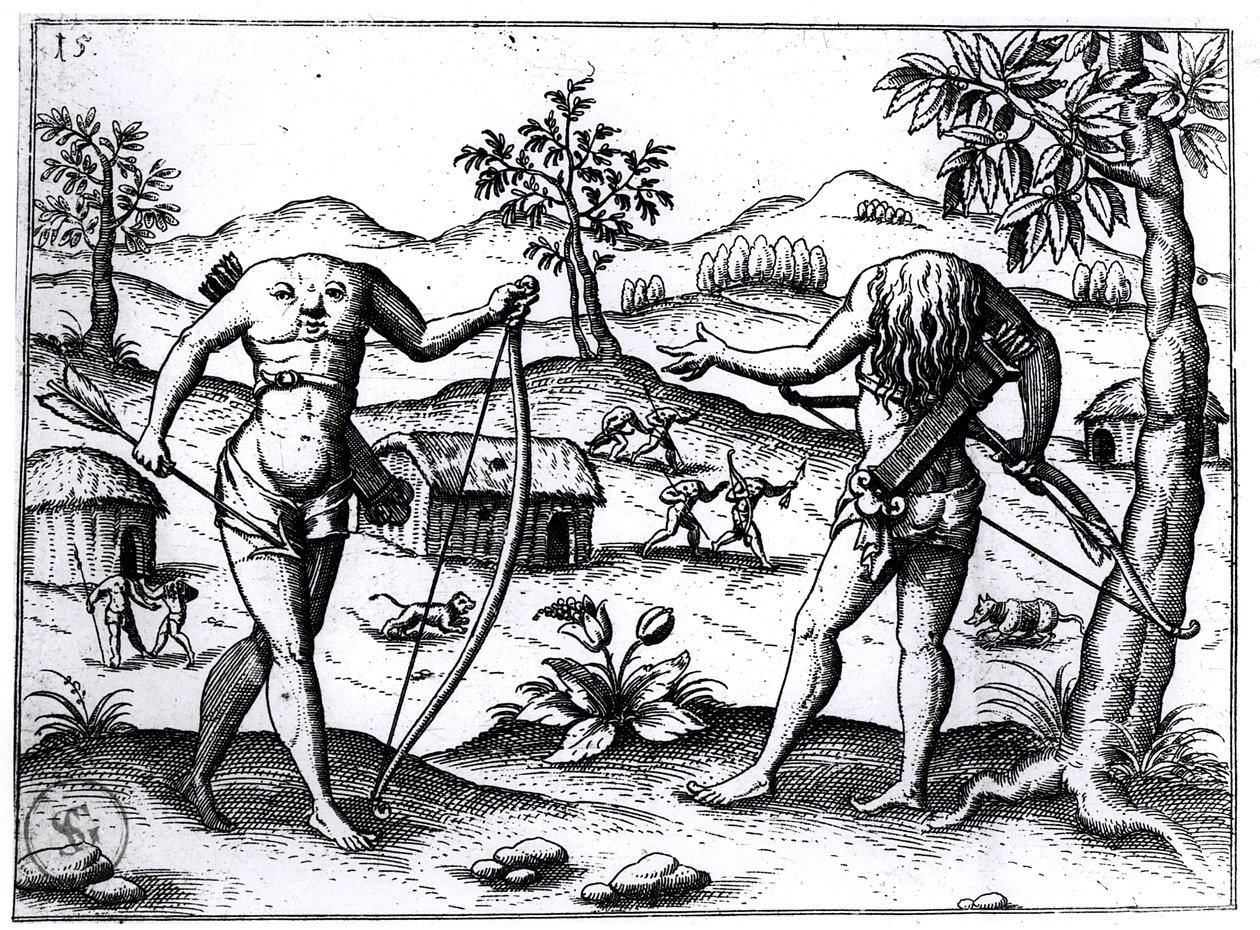 Hommes et femmes sans tête, illustration du récit de Sir Walter Raleigh sur la Guyane, publié à Nuremberg, 1599 - German School