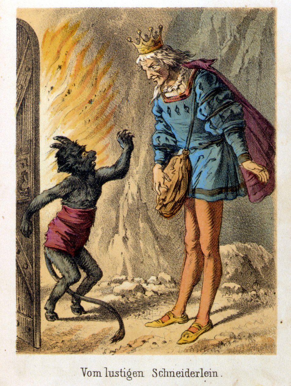 Illustration des contes de Franz Hoffmann « Contes et Fables - Le joyeux petit tailleur ». Chromolithographie du XIXe siècle - German School