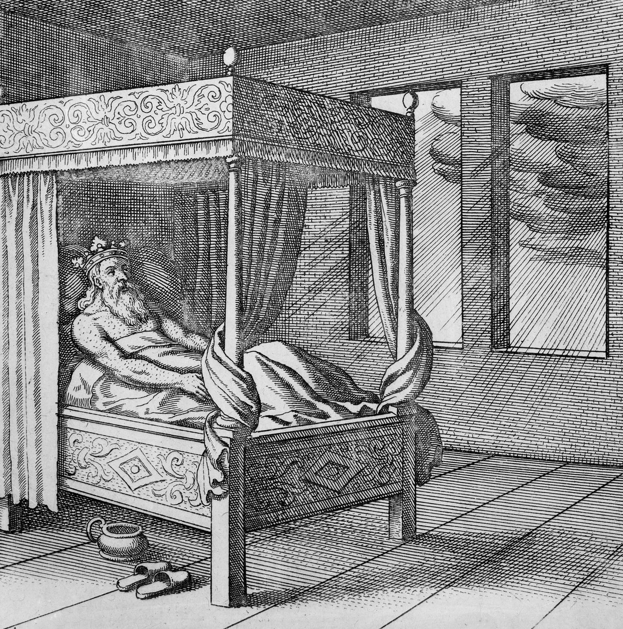 Le roi regarde la pluie par sa fenêtre du Musaeum Hermeticum - German School