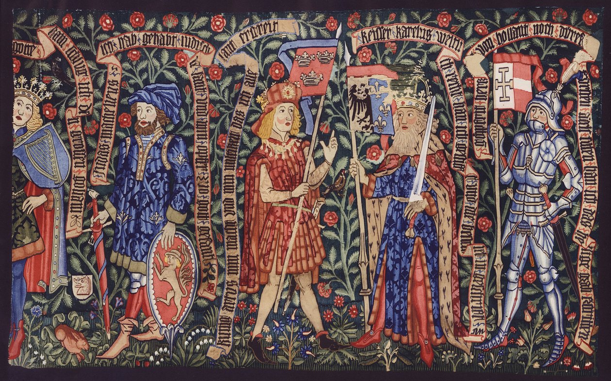 Rois, nobles et chevaliers, tapisserie, Bâle, vers 1490 (lithographie en couleurs) - German School