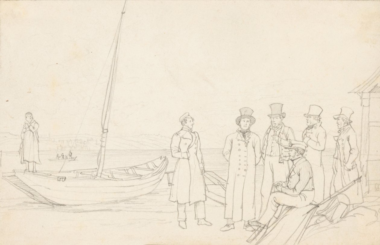 Scène au bord du lac avec sept personnages - German School