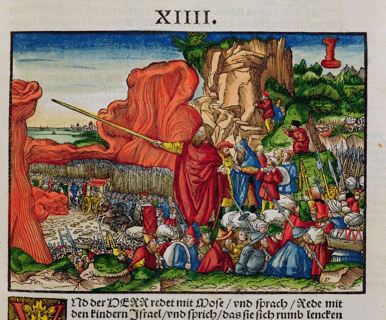 Moïse traversant la Mer Rouge, de la Bible de Luther, vers 1530 (gravure sur bois colorée) - German School