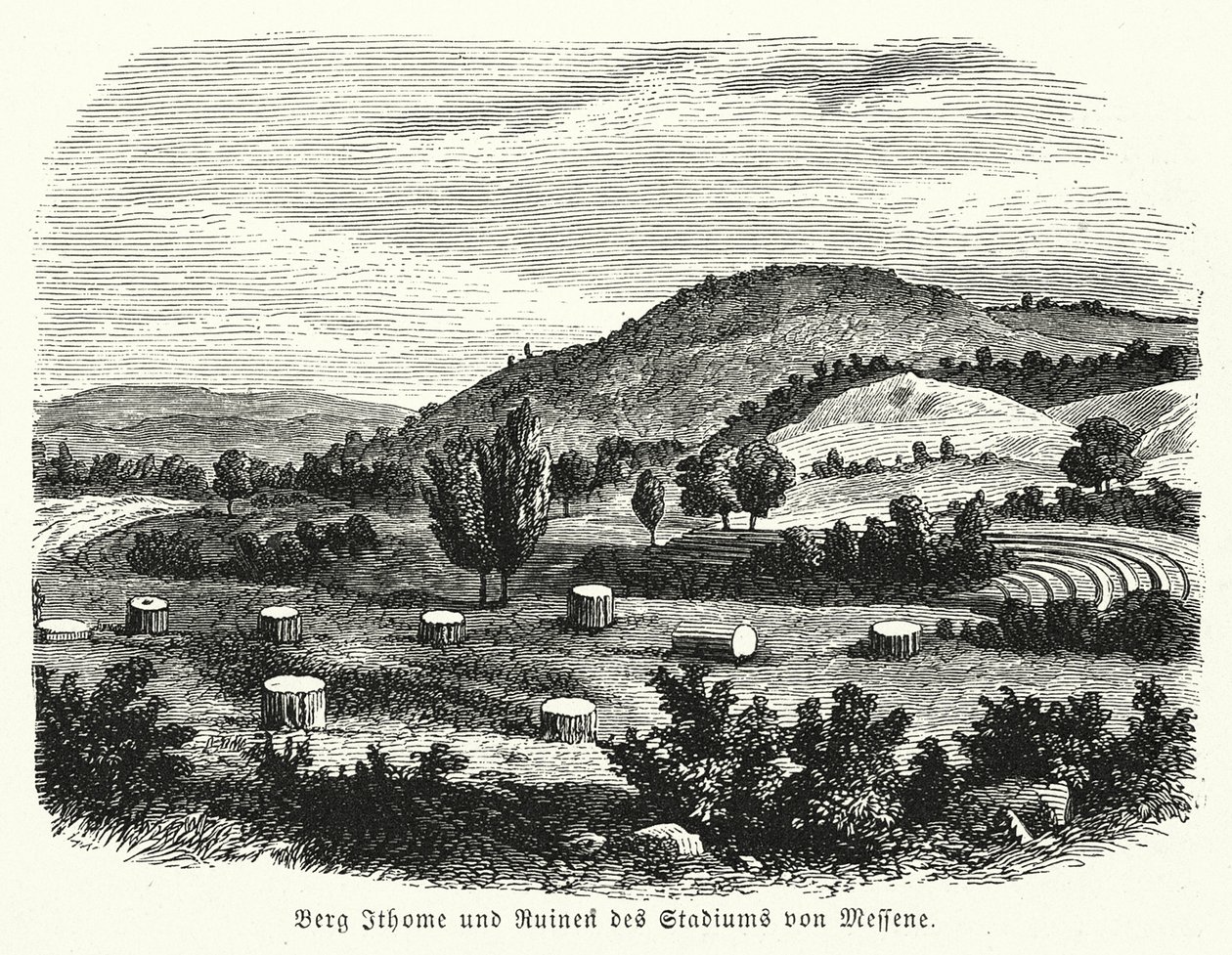 Le mont Ithome et les ruines du stade de Messène (gravure) - German School
