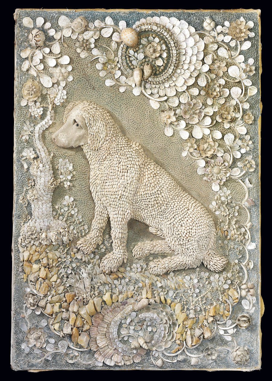 Un des deux chiens assis Louis XV modelés en relief, dans un cadre de type grotte - German School