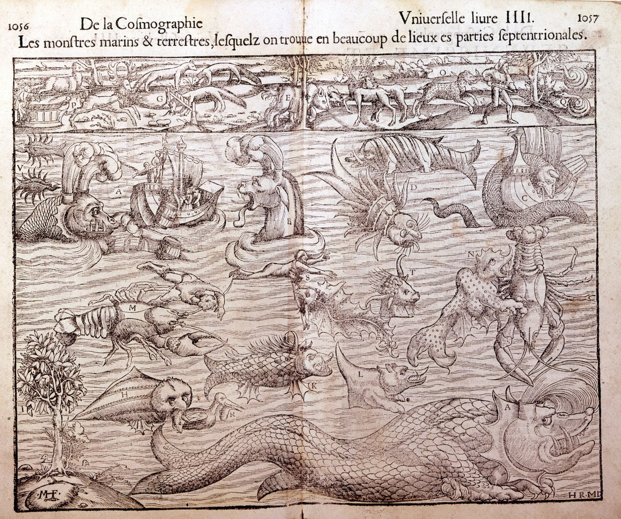 Planche représentant tous types de monstres marins et terrestres trouvés dans les régions nordiques : Xylographie tirée de la « Cosmographie Universelle » de Sébastien Munster. Bâle - German School