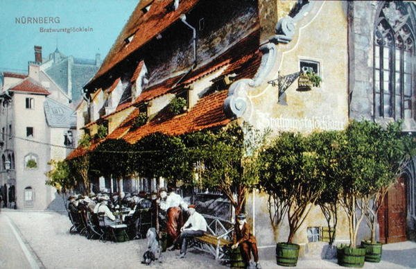 Carte postale représentant le restaurant Bratwurstglocklein à Nuremberg, avant 1914 - German School