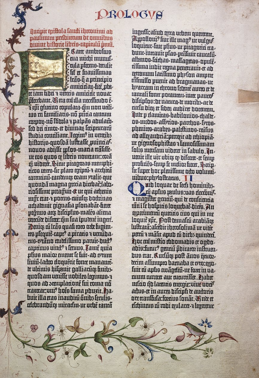 Folio de prologue avec lettre dorée et verte "F", et bordure de feuilles, fleurs, vignes et oiseau, 1455 - German School