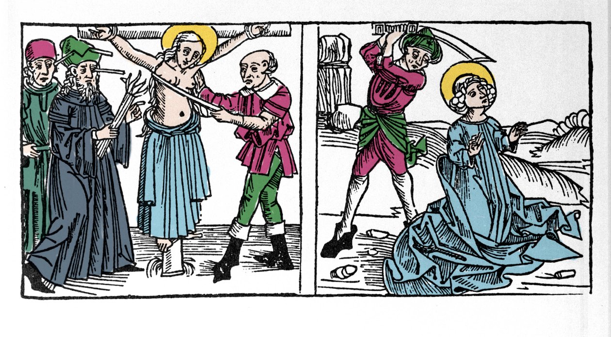 Représentation du martyre de Sainte Séraphie (Sérapia) (Séraphie de Syrie), chrétienne du 2ème siècle. Gravure de « Leben der Heiligen - sommerteil » (Le livre des saints) par Jacobus (Jacques) de Voragine (1228-1298). Lübeck 1488. - German School